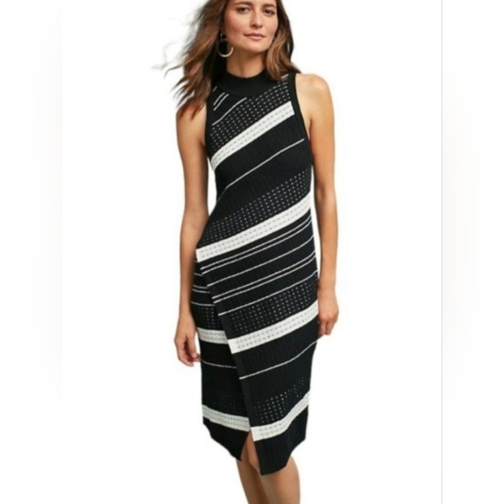 Moth-AnthropologiePretty Black &White Striped Dress, Asymmetrical Slit/hem Sz.XS